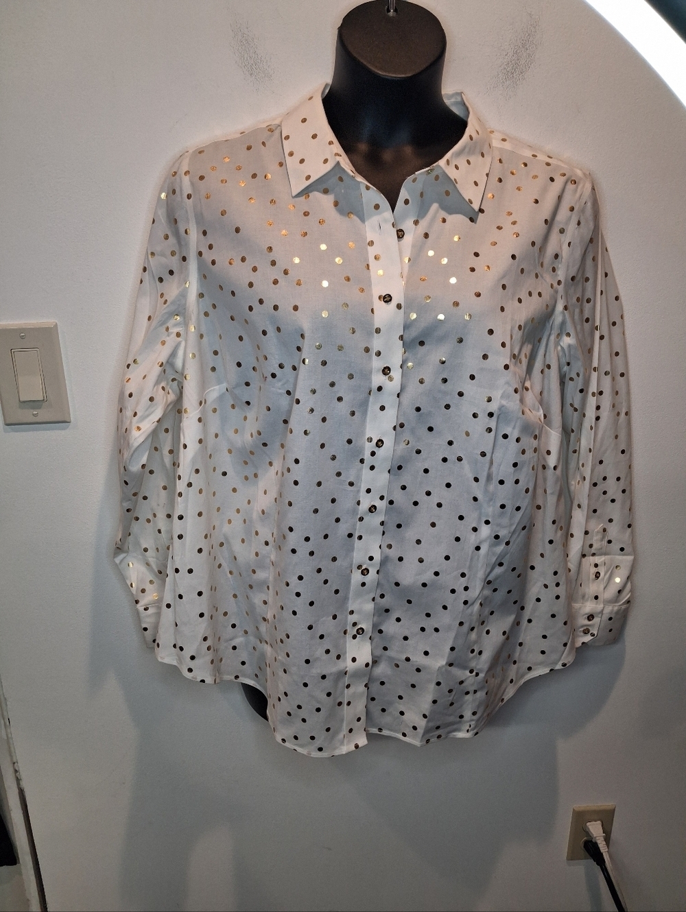 Talbots Size 20w Cotton Blend White Shirt W/ Gold Polka Dots